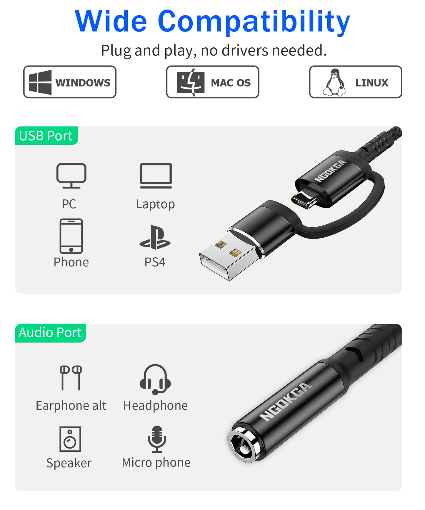 USB to 3.5mm Jack Audio Adapter USB C to 3.5mm Female AUX Adapter USB A Sound Card TRRS 4 Pole for Headphone Speaker PS4 PS5 PC Compatible with Pixel 5 4 3 XL Samsung Galaxy S21